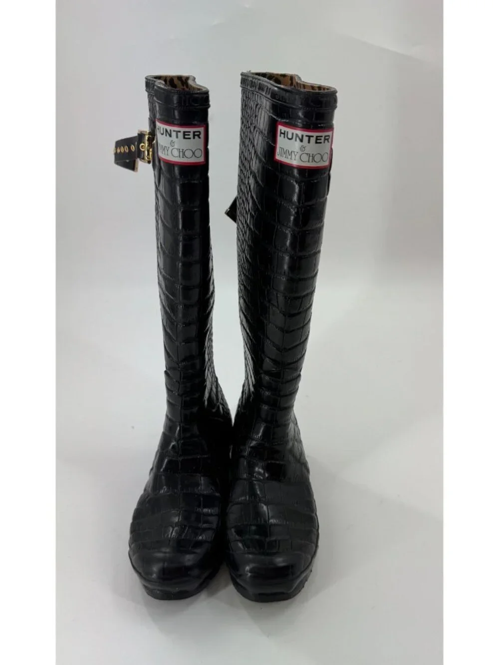 Jimmy Choo x Hunter Croc Embossed Tall Rain Boots Black Rubber Leopard Size  6